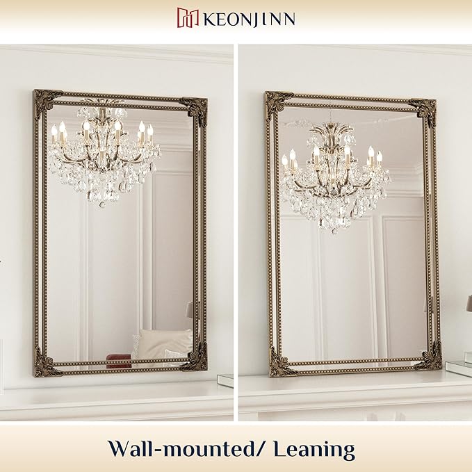 Keonjin Gold Vintage Mirror 20 x 30 Inch, Antique Mirrors Rectangle, Traditional Brass Mantel Decoration, Baroque Style Wall Decor for Hallway, Fireplace, Entryway, Living Room, Anti-Rust, Waterproof