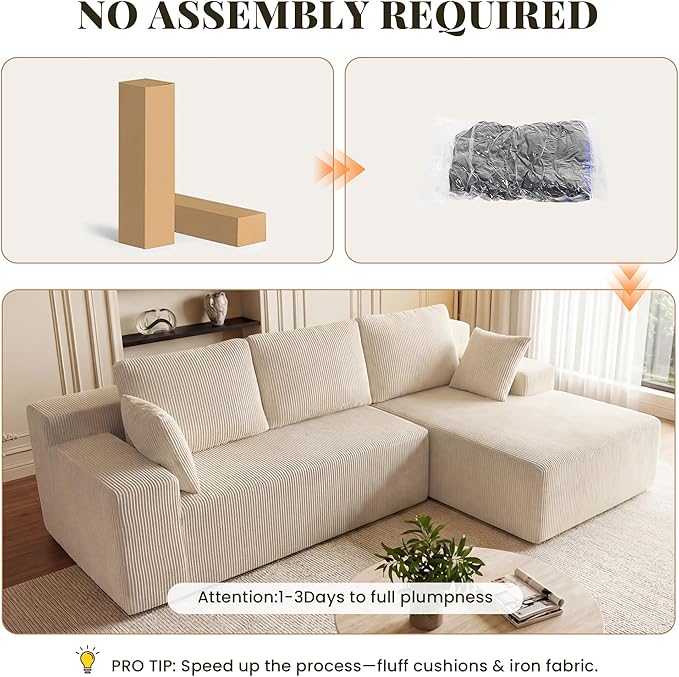 GRUSIGN Cloud Sectional Boneless Couches for Living Room, Modular L Shaped Couch with Deep Seat Oversized Right Facing Chaise, Memory Foam Compressed Spineless 3 Seater Sofa for Apartment, Taupe | No Assembly Required, Deep Seat, Cat-Claw Resistant, Hi...