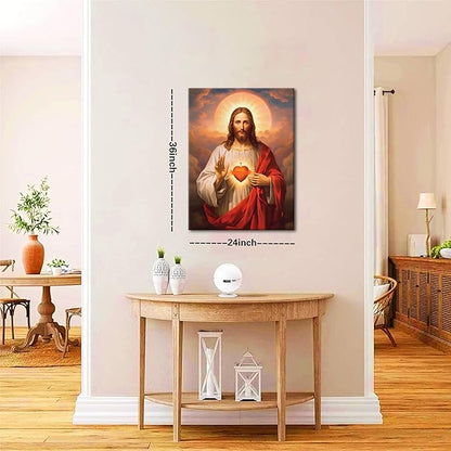 Jesus Sacred Heart Christian Wall Art, Divine Mercy Canvas Paintings Prints Posters Wall Decor, Christ Jesus Portrait Home Decor for Living Room Dining Room Prayer Room Decor 24x36 in Framed