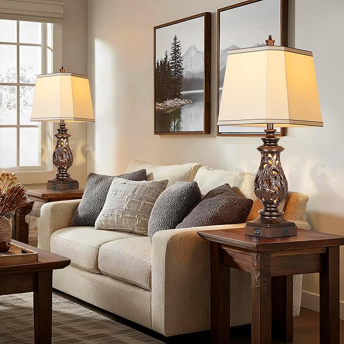 PARTPHONER 29" Table Lamps Set of 2, Bedside Lamps with USB A+C Ports & Night Light, Farmhouse Nightstand Lamps with Faux Silk Shades for Bedroom Living Room, Vintage Brown (LED Bulbs Included)
