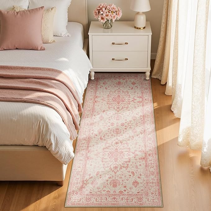 RELEANY Area Rugs 2'x6' Runner Rug Non Slip Washable for Kitchen Hallway Bedroom Beside Laundry Room Bathroom Rug, Floor Carpet, Pink Light Vintage Pink