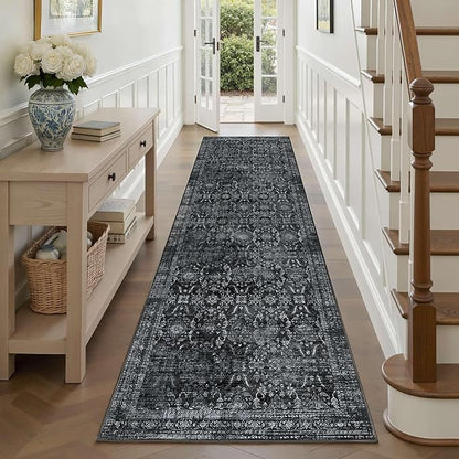 Rugxara 2'6''x8' Runner Rug, Washable Kitchen Rugs, Black Boho Vintage Floral Hallway Runner, Non Slip Low Pile Area Rug Carpet for Hallway, Kitchen, Laundry Room and Bathroom(Black 2.6x8ft)