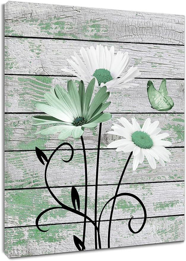 HVEST Country Green Floral Wall Art for Living Room Daisy Flower with Butterfly on Vintage Wood Canvas Wall Art Rustic Farmhouse Wildflower Pictures for Bathroom Bedroom Wall Decor,24L X 16W Inches