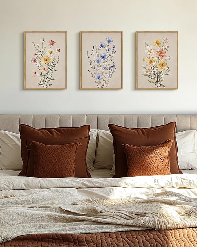 Drsoum Vintage Flower Bouquet Wall Art Framed Retro Bohemian Boho Colorful Floral Plant Rustic Artwork Nature Botanical Wildflower Prints Bedroom Living Room Ready to Hang 11x14in Natural Framed