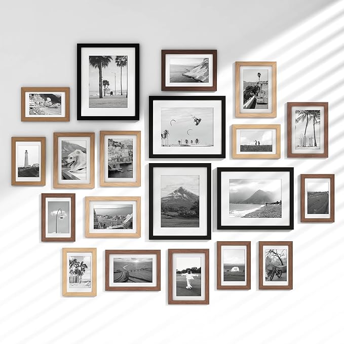 Venusmiles 20 Pack Picture Frames Collage Wall Decor, Gallery Frame Set for Wall Mounting or Tabletop Display, Multi Sizes Including 4pcs 8x10, 8pcs 5x7, 8pcs 4x6, Black+Oak+Walnut