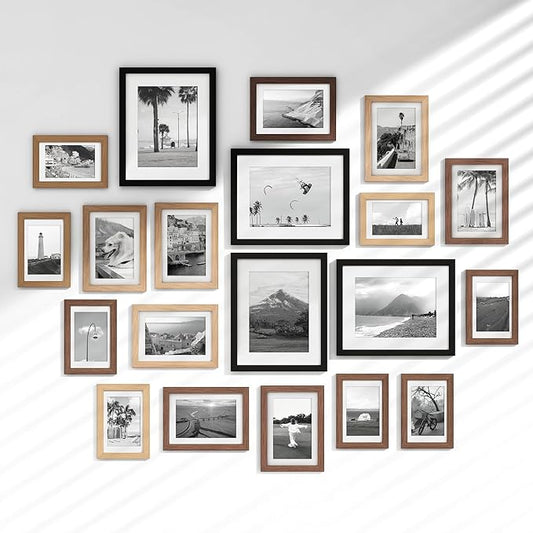 Venusmiles 20 Pack Picture Frames Collage Wall Decor, Gallery Frame Set for Wall Mounting or Tabletop Display, Multi Sizes Including 4pcs 8x10, 8pcs 5x7, 8pcs 4x6, Black+Oak+Walnut