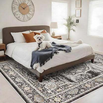 Washable Rugs 7x9 Area Rug：Large Rugs for Living Room - Oriential Distressed Printed Floral Carpet - Non Slip with Rubber Backing Area Rug 7'x9' Black