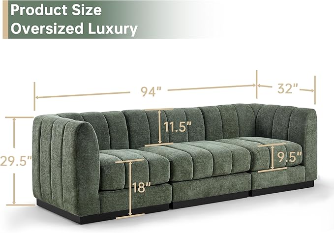 Morden Fort 96" Modular Sectional Sofa, Deep Seat Chenille Couch with High Density Foam Cushions, 3-Seat Modern Minimalist Sofa for Living Room Apartment, Green