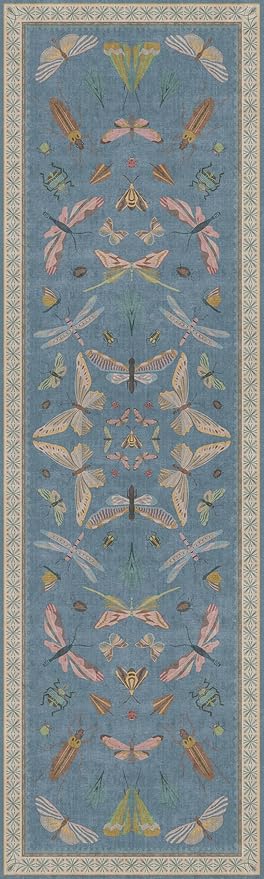 Colorful Vintage Runner Rug 3x10, Blue Insect Non Slip Hallway Rug for Kitchen Sink & Entryway, Washable Carpet