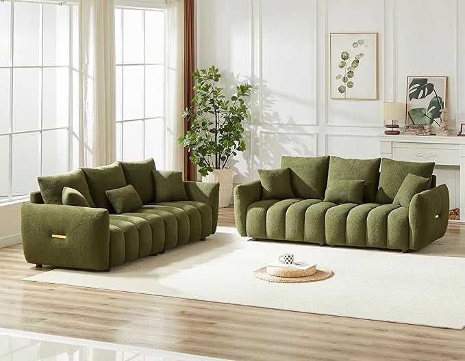 Antetek Teddy Sofa Set for Living Room, 2 Pieces Modern Deep Seat Oversized 3-Seater Cloud Boucle Couch for Bedroom, Office, Apartment, Furniture Set, 78-inch, Green (2 Pieces)