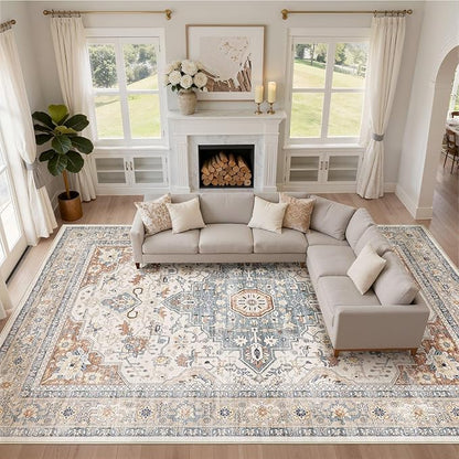 LOONGRUG 12x18 Rug Living Room: Washable Boho Large Neutral Vintage Soft Area Rug Stain Resistant Distressed Non-Slip Indoor Floor Carpet for Bedroom Nursery Playroom Office Dining Room- Beige Blue