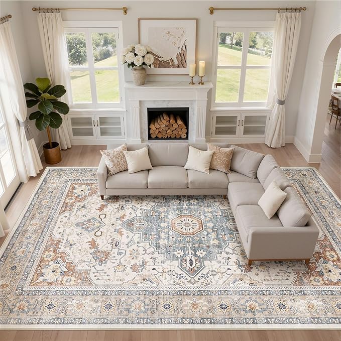 12x15 Area Rug Living Room: Washable Boho Large Neutral Vintage Soft Rugs Stain Resistant Distressed Farmhouse Non-Slip Indoor Floor Carpet for Bedroom Nursery Kids Office Dining Room- Beige Blue