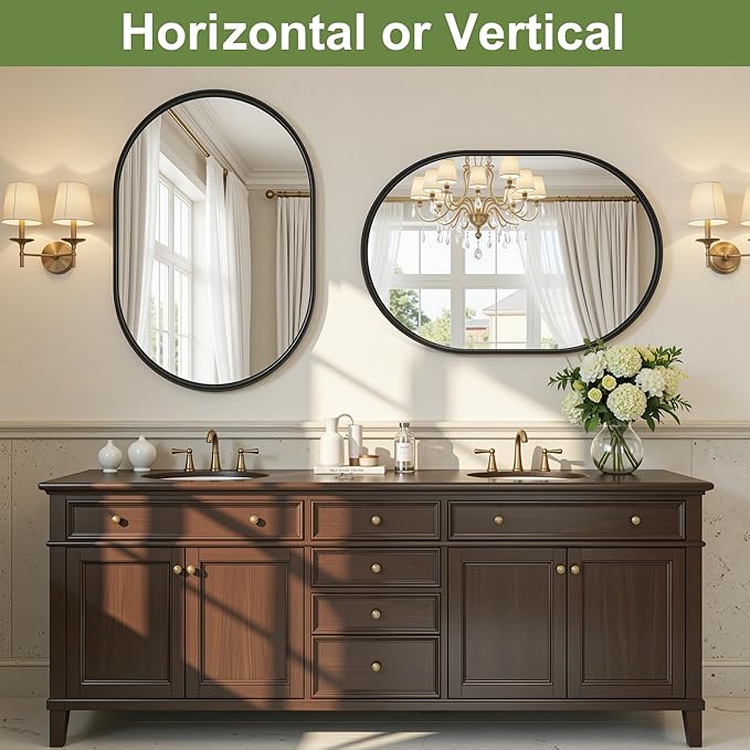 Oval Bathroom Mirror, 24x36 Inch Black Oval Wall Mirror with Metal Deep Frame, Mirrors for Wall Decor, Vanity, Entryway, Living Room, Horizontally/Vertically
