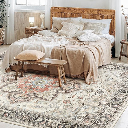 Area Rug for Living Room - 8x10 Soft Machine Washable Oriental Vintage Floral Distressed Large Indoor Floor Carpet for Bedroom Under Dining Table Home Office Decor - Multi Cream