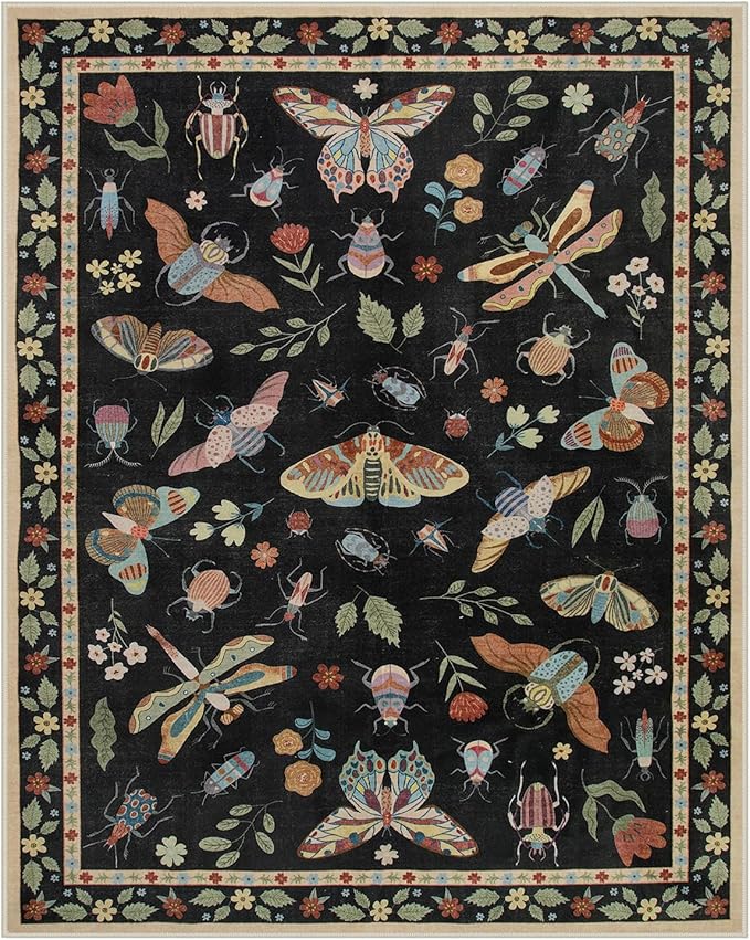 Lahome Insect 9x12 Area Rugs for Living Room Bedroom, Soft Washable Rugs 9x12 Stain Resistant, Ultra-Thin Non-Slip Non-Shedding Accent Carpet for Dining Room Office Vionnet, Black