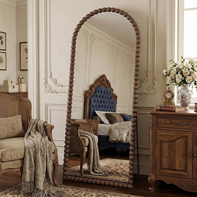 Antok 71" x 28" Arched Full Length Mirror, Antique Beaded Frame Floor Standing or Wall Mounted Mirror with Stand for Bedroom, Entryway, Brown, Luxury Style