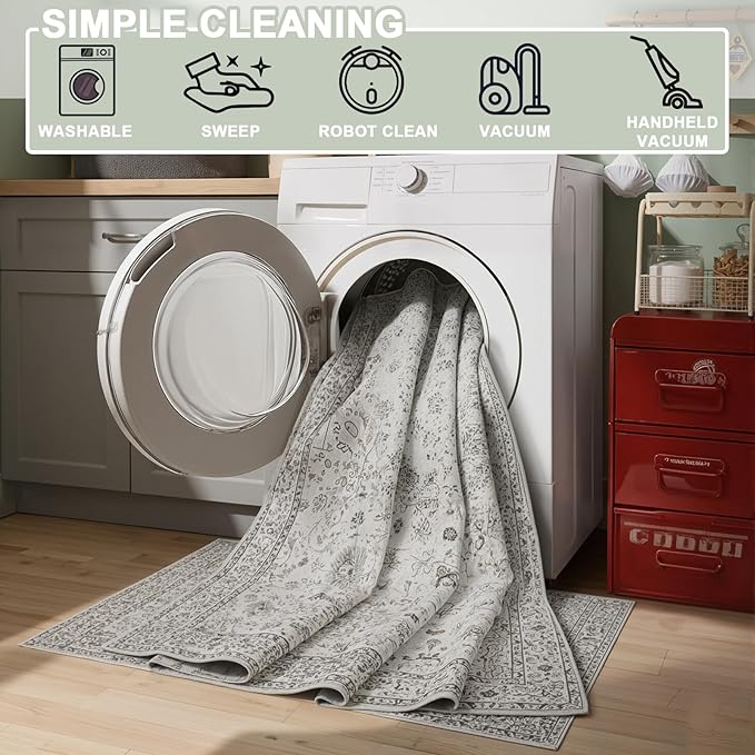 Grey White Area Rugs 5x8 for Living Room Bedroom, Non-Slip Washable Rugs Stain Resistant Boho Rug Low Pile Rug for ‎Dining Room Office (5 x 8, Grey White)