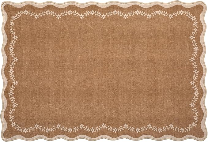 GarveeHome Scalloped Entryway Rug, 2x3 Solid Brown Washable Front Door Rug Indoor Entrance Floral Carpet Non-Slip Low Pile Throw Rugs for Kitchen Floor, Powder Room, Entry, Bathroom, Kids Room