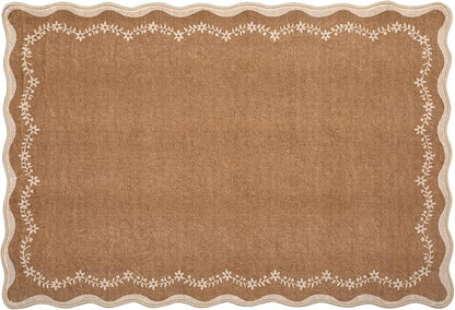 GarveeHome Scalloped Entryway Rug, 2x3 Solid Brown Washable Front Door Rug Indoor Entrance Floral Carpet Non-Slip Low Pile Throw Rugs for Kitchen Floor, Powder Room, Entry, Bathroom, Kids Room