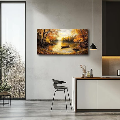 SERIMINO Fall Wall Art, Landscape Wall Art, Large Wall Decor, Lake Boat Forest Canvas Art Prints, Gold Autumn Nature Pictures, Rustic Paintings for Living Room Bedroom Dining Room Office Farmhouse 29"X57"
