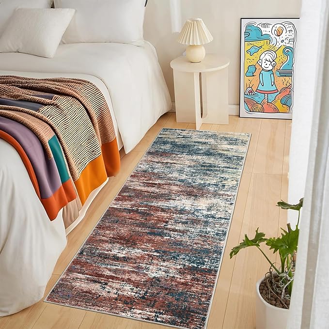 ROYHOME Washable Runner Rug 2x6 Modern Abstract Kitchen Rugs, Non Slip Bathroom Rug, Low Pile Laundry Room Soft Long Carpet for Hallway Bedroom Entryway, Red Multi