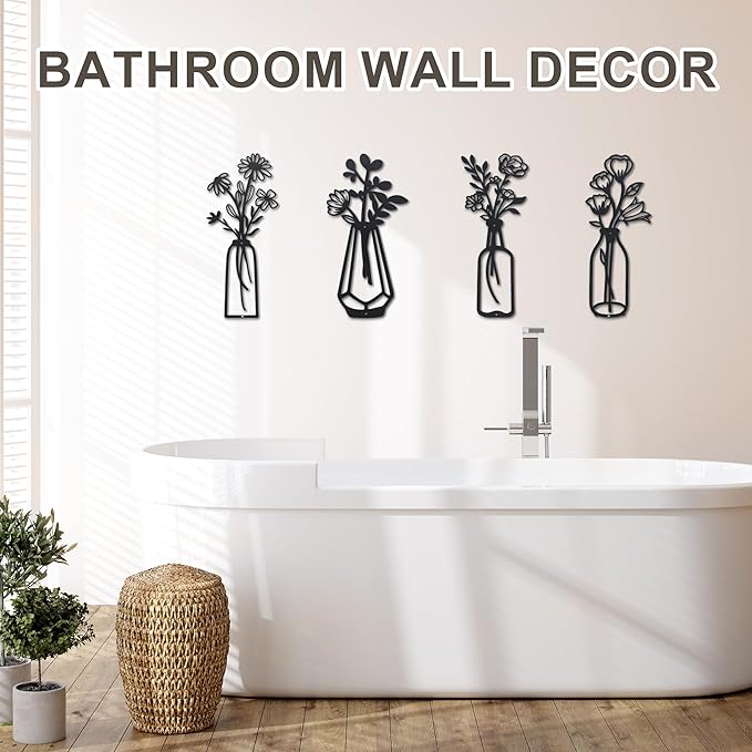ZOES HOMDECO 4 Pcs Metal Flowers Wall Art Modern Farmhouse Decor Black Bathroom Wall Decor, Housewarming Gifts for Living Room Kitchen Bedroom Dining Room Office