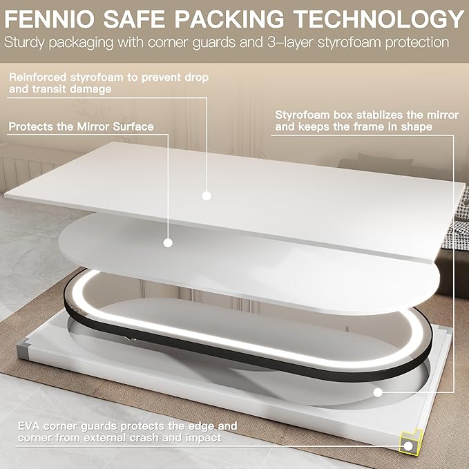 FENNIO 71" x 32" Large Wall Mounted Mirror with LED Lights, Oval Full Length LED Lighted Full Body Dressing Mirror for Bedroom, Salon, Brushed Aluminum Frame, Tempered Glass