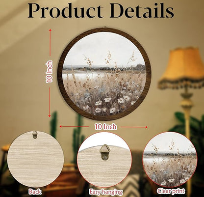 Vintage Floral Field Landscape Hanging Wall Art, Meadow Flowers Vintage Round Wooden Wall Decor, Flower Field Scene Western Boho Decorations for Apartment Home Living Room Bedroom Bathroom Office, 17