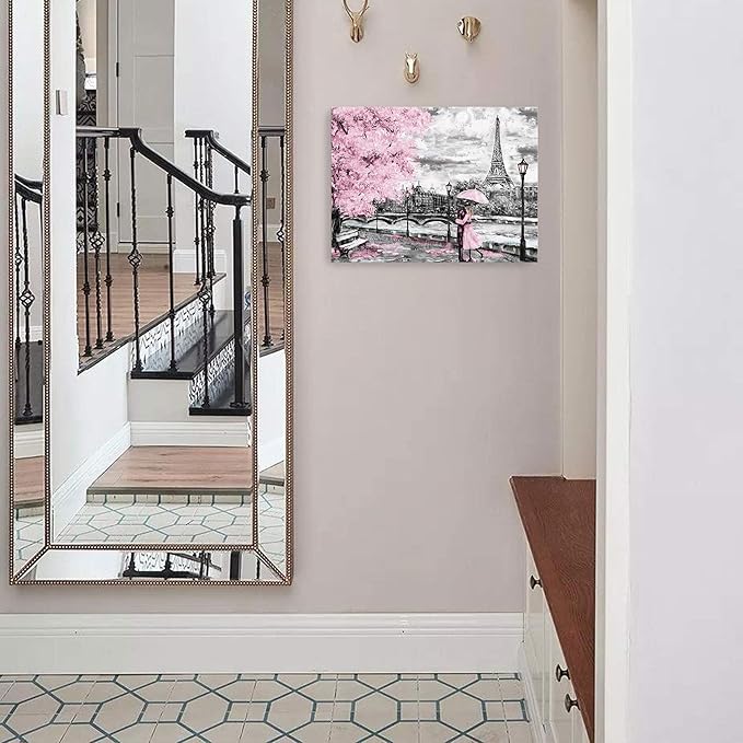 Paris Decor for Bedroom Canvas Wall Art Pink Theme Girls Room Wall Decor Black and White Eiffel Tower Pictures for Bathroom Wall Decor Modern Artwork for Wall Art Framed Wall Decoration Size 12x16