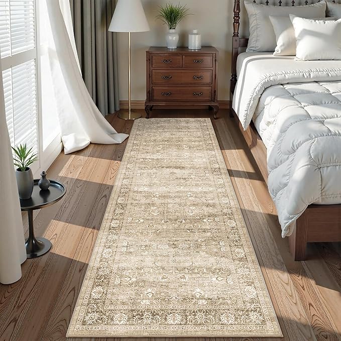 2'6"x8' Beige Runner Rug Hallway Non Slip Washable Area Rugs Kitchen Soft Khaki Vintage Boho Long Rug Distressed Floral Carpet Indoor Low Pile Throw Rug for Bedroom Bathroom Laundry Dining Room Office