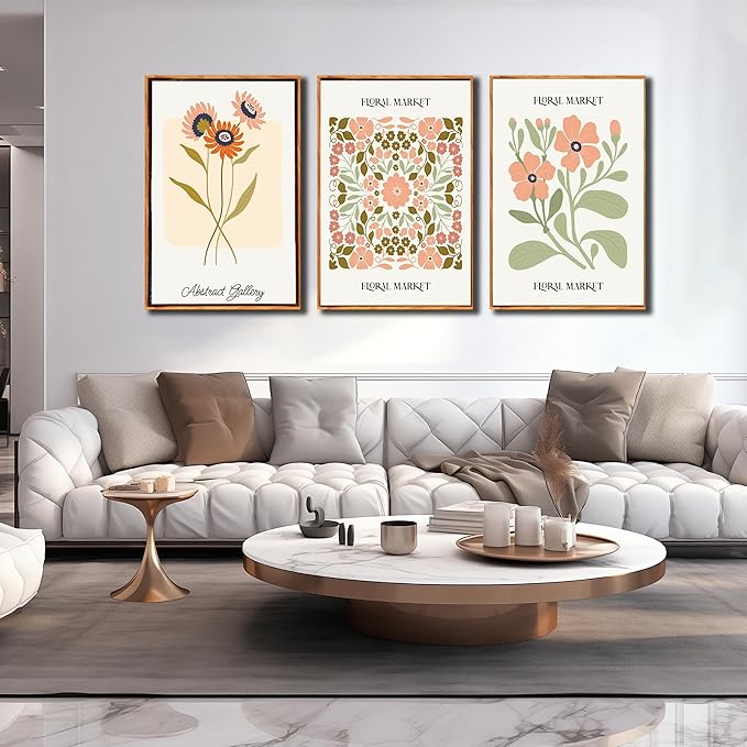 3 PCS Boho Floral Canvas Wall Art, Framed Rustic Botanical Canvas Paintings Prints ArtWork for Living Room, Vintage Flower Pictures for Farmhouse Dining Room Hallway Bedroom Wall Decor 24"x36"