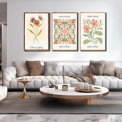 3 PCS Boho Floral Canvas Wall Art, Framed Rustic Botanical Canvas Paintings Prints ArtWork for Living Room, Vintage Flower Pictures for Farmhouse Dining Room Hallway Bedroom Wall Decor 24"x36"