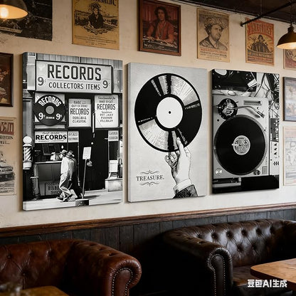 Vintage Music Canvas Wall Art Fashion Black And White Photography Preppy Vinyl Record Painting Picture Wall Decor Bar Rock Music Lovers Poster Print Artwork for Recording Studio Club Home Decoration