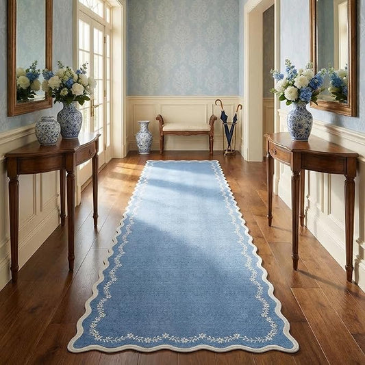 GarveeHome 2.5x8 Scalloped Washable Runner Rug for Kitchen, Soft Blue Long Hallway Runner Non Slip Entryway Rug Farmhouse Thin Laundry Mat Stain Resistant Carpet for Bathroom Beside Rug