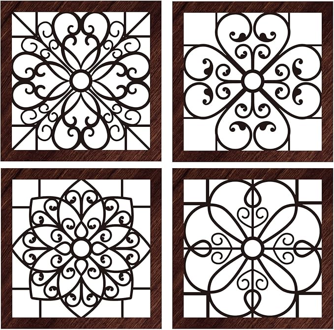 Yulejo 4 Piece Thicken Rustic Wall Decor - Wooden Hollow Carved Design Rustic Wall Art for Living Room, Bedroom, Hallway, Office, Kitchen (Brown, Black)
