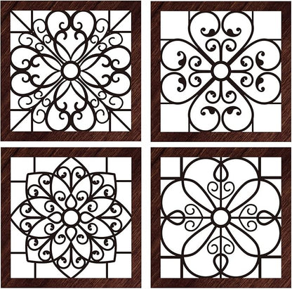 Yulejo 4 Piece Thicken Rustic Wall Decor - Wooden Hollow Carved Design Rustic Wall Art for Living Room, Bedroom, Hallway, Office, Kitchen (Brown, Black)