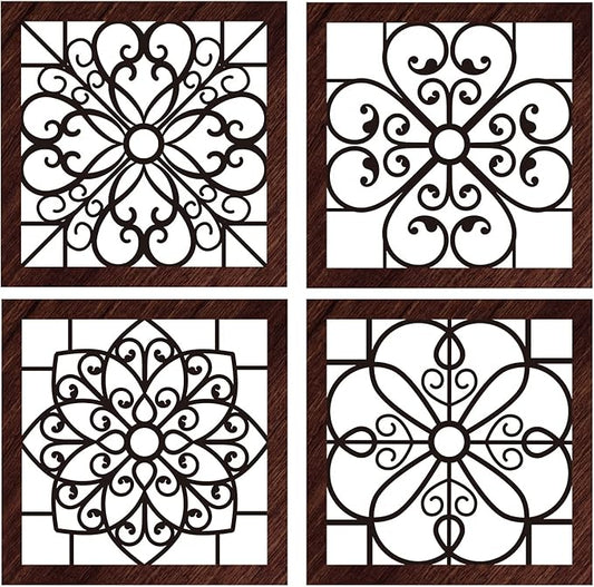 Yulejo 4 Piece Thicken Rustic Wall Decor - Wooden Hollow Carved Design Rustic Wall Art for Living Room, Bedroom, Hallway, Office, Kitchen (Brown, Black)