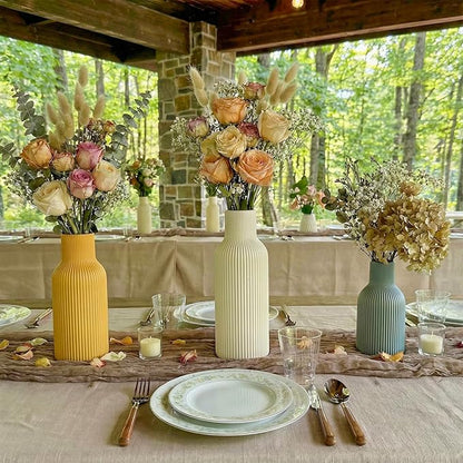 Colorful Ceramic Flower Vases Set of 3, Matte Vertical Ribbed,Minimalist for Pampas, Dried & Fresh Flowers, Centerpiece for Living Room, Shelf, Entryway, Wedding (White, Yellow, Blue)