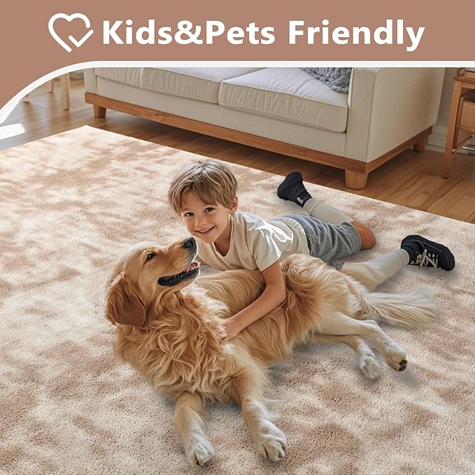 FinRèc 5x7 Washable Area Rugs for Bedroom Living Room, Low Pile Thin Ultra Soft Shag Rug, Non-Slip Carpet Indoor for Home Decor (Tie-dye Light Tan)