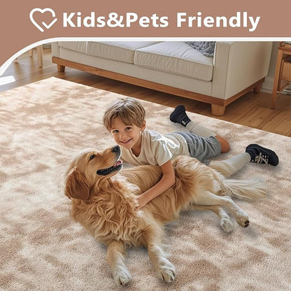 FinRèc 5x7 Washable Area Rugs for Bedroom Living Room, Low Pile Thin Ultra Soft Shag Rug, Non-Slip Carpet Indoor for Home Decor (Tie-dye Light Tan)