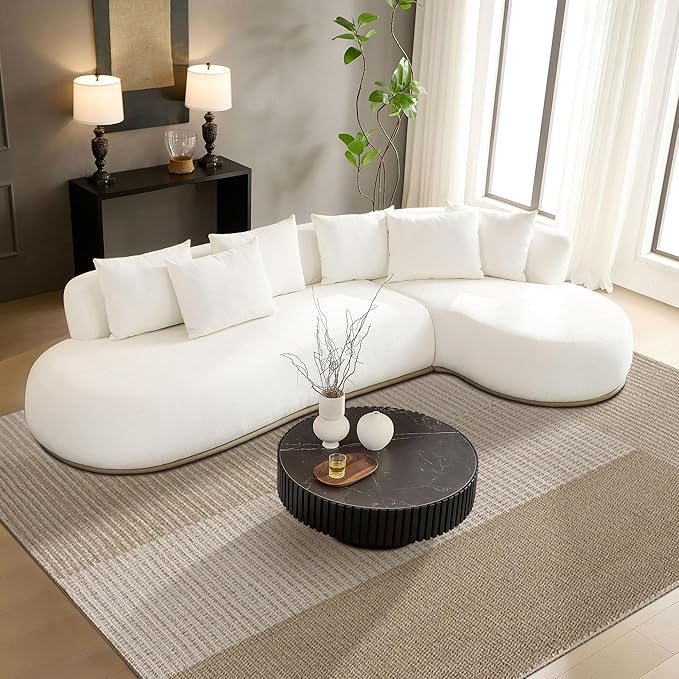 WILLIAMSPACE 134.63" Oversize Curved Sofa Cloud Couch with Round Chaise, Modern Upholstered Curved Sectional Sofa Couch with 6 Pillows for Living Room, No Assembly (Right-Facing,Cream White)