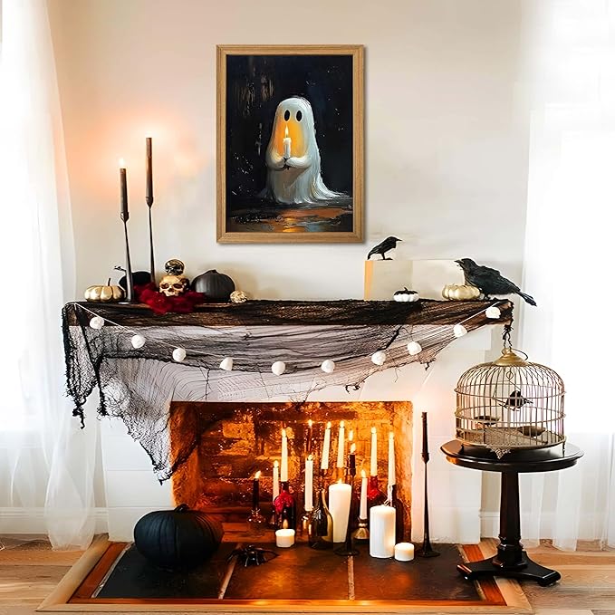 Framed Vintage Halloween Ghost Wall Art - Spooky Candle Ghost Fall Texture Pictures Wall Decor for Living Room, Kids Room, Halloween Bedroom or Party 12x16 inch