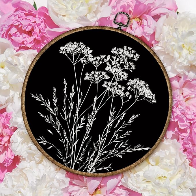 TLESKE Black Vintage Botanical Round Wall Art Decor Framed 10x10, Boho Wildflower Fall Floral Canvas Wall Art Artwork Prints, Rustic Wall Hanging Room Decorations Door Decor for Living Room Bedroom