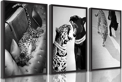 3 Pcs Black and White Cheetah Canvas Wall Art Vintage Trendy Wild Leopard Painting Picture Wall Decor Poster Print Artwork for Bedroom Living Room Apartment Home Decoration (16L x12W-Poster)