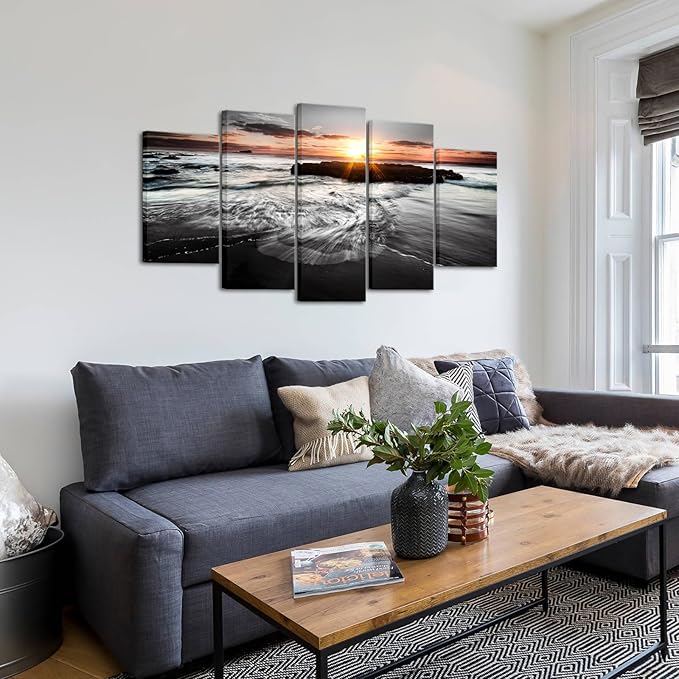 SkenoArt 5 Panels Large Ocean Beach Pictures Canvas Wall Art Modern Black and White Gold Sunset Seascape Artwork for Living Room Home Office Wall Decor Ready to Hang