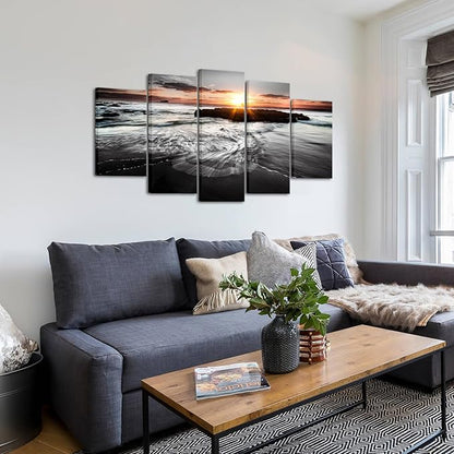 SkenoArt 5 Panels Large Ocean Beach Pictures Canvas Wall Art Modern Black and White Gold Sunset Seascape Artwork for Living Room Home Office Wall Decor Ready to Hang