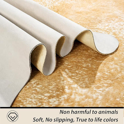 Washable Cowhide Rug for Living Room, Large 6x7 Khaki Faux Cow Print Area Rugs, Non Slip Animal Skin Bedroom Carpet, Rustic Western Home Decor Fake Hide Floor Mat for Office Fireplace