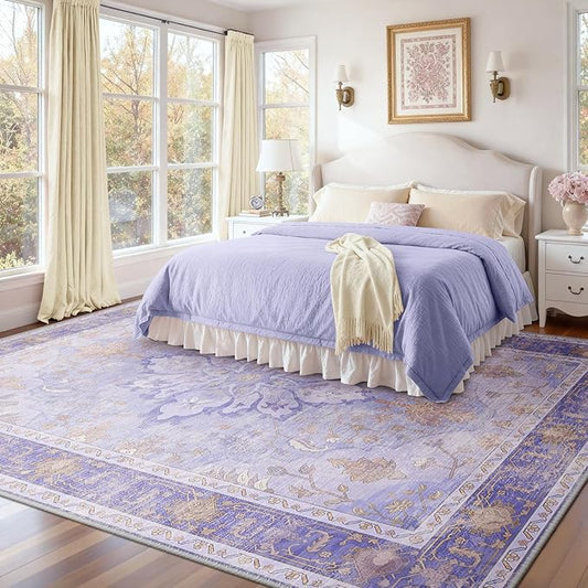 RELEANY Area Rugs 8'x10' Washable Non-Slip, Floral Vintage Distress Print Pattern Medallion Carpet for Living Room Bedroom Dining Room, Light Purple Brown