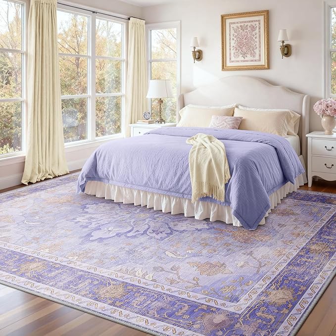 RELEANY Area Rugs 10'x14' Washable Non-Slip, Floral Vintage Distress Print Pattern Medallion Carpet for Living Room Bedroom Dining Room, Light Purple Brown