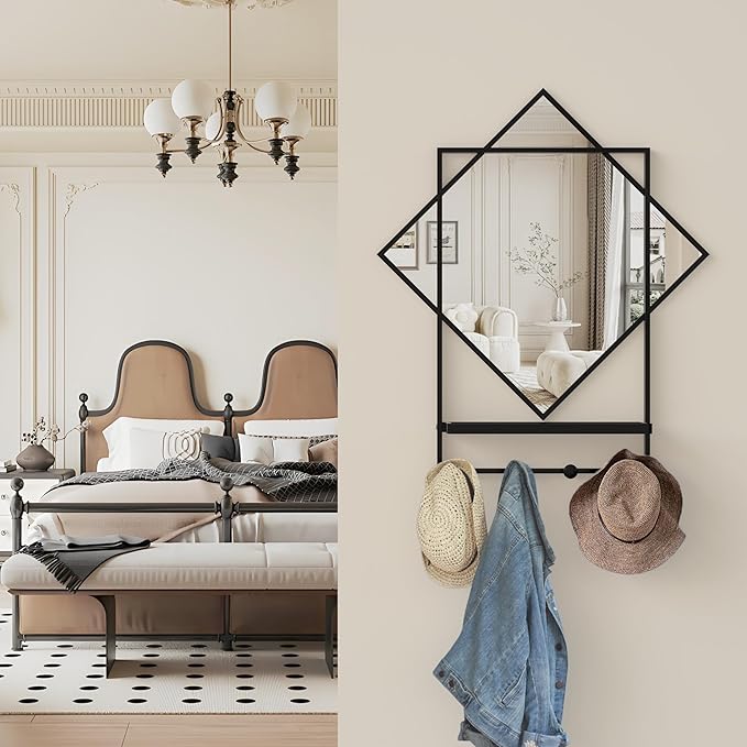 Black Entryway Mirror with Hooks, 26" X 30" Wall Mirror with Hooks, Bathroom Mirror with Shelf, Rectangular Framed Wall Mirror with Shelf and Hooks